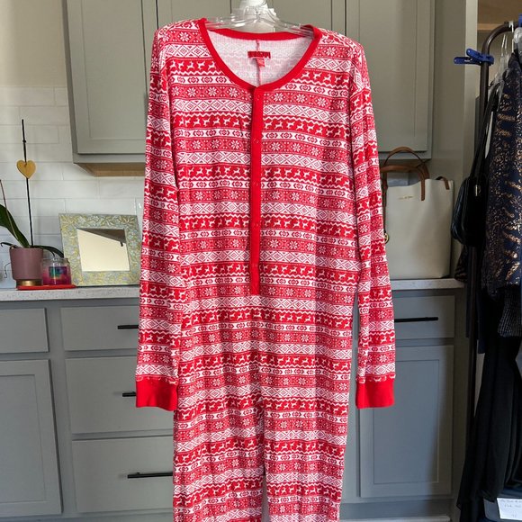Waffle Weave Long Thermal Pajamas Winter Print Red White Size XXL - Picture 2 of 7